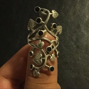 Silver Ring with Long Plant Decoration